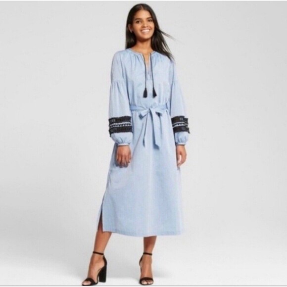 Who What Wear Blue Belted Dress Embroidered and Crochet Sleeves Boho Large‎ - Picture 1 of 11